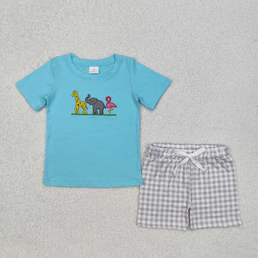 BSSO1019 Embroidery Blue Elephant Swan Giraffe Cartoon Boys Short Sleeve Shorts Outfits