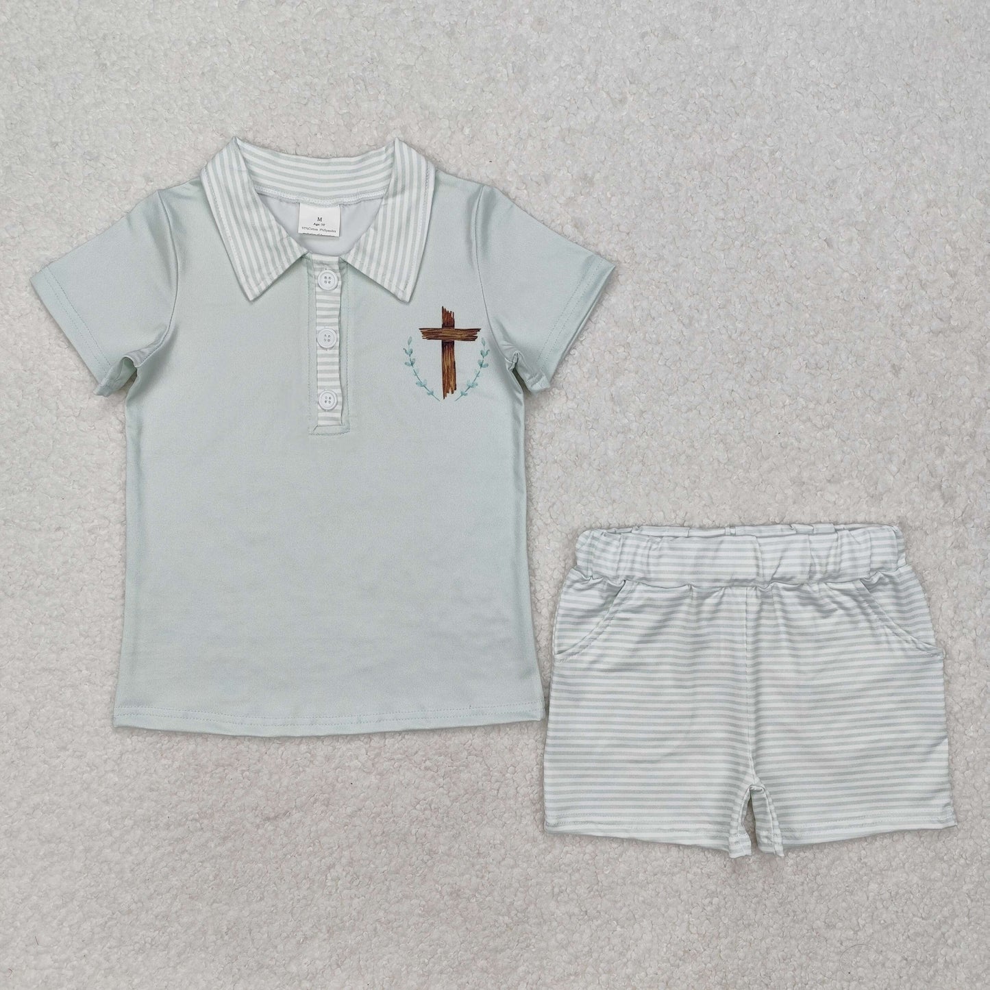BSSO1025 Easter Boutique Cross Light Green Polo short sleeve top striped shorts set boy clothing sets summer outfit RTS 202501
