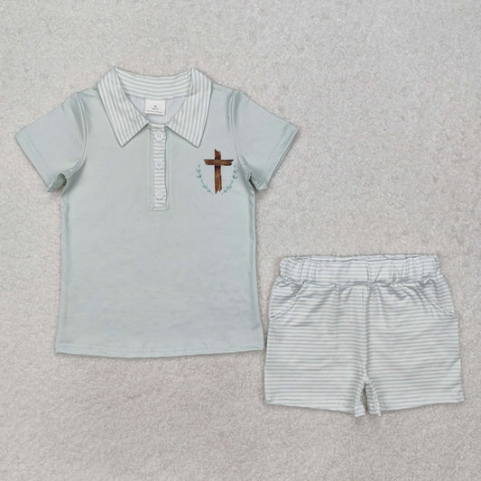 BSSO1025 Easter Boutique Cross  Light Green Polo short sleeve top striped  shorts set boy clothing sets summer outfit RTS 202501
