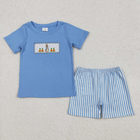 BSSO1026 Embroidered Easter Bunny Blue Striped Short Sleeve top shorts sets Boys boutique outfit 202502 RTS