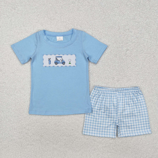 BSSO1052 Blue Embroidery bug car Street lamp check Boys Short Sleeve Shorts Outfits RTS