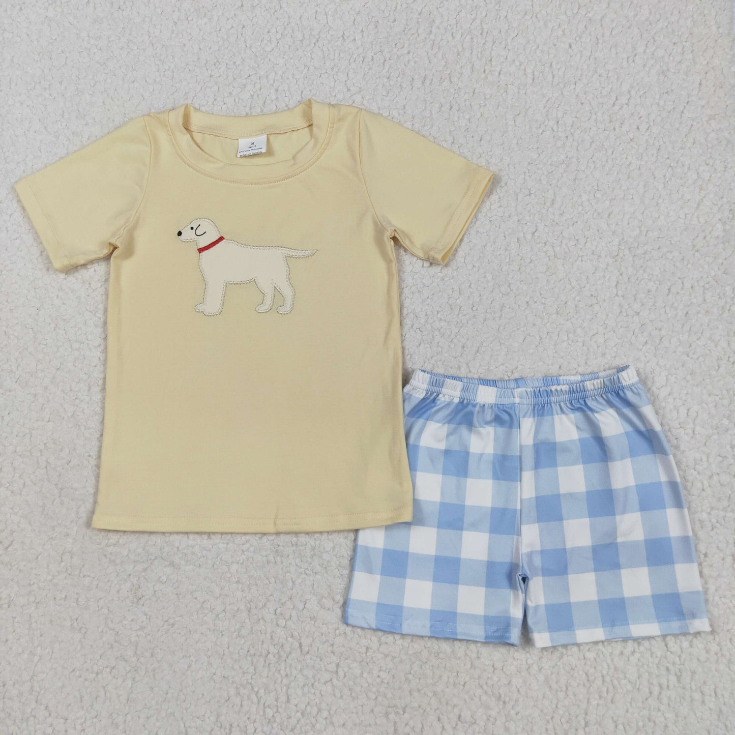 BSSO1058 embroidered puppy yellow short sleeve blue plaid shorts sets boys boutique outfits 202505 RTS