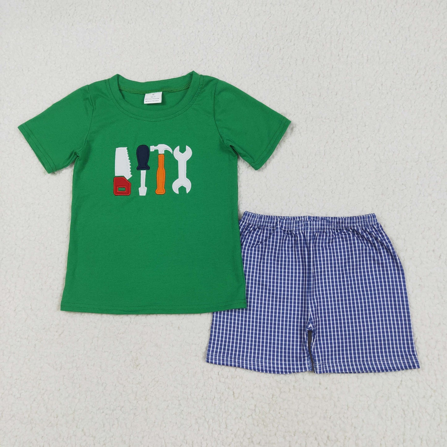 BSSO1066 embroidered toolbox green short sleeve dark blue plaid shorts sets boys boutique outfits 202505 RTS