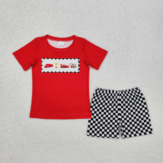 BSSO1079 Red Car Cartoon black check Boys Short Sleeve Shorts Outfits