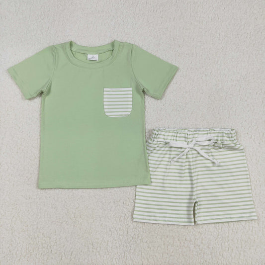 BSSO1103 Green pocket striped short sleeve top shorts set boys Boutique Summer clothes 202502 RTS