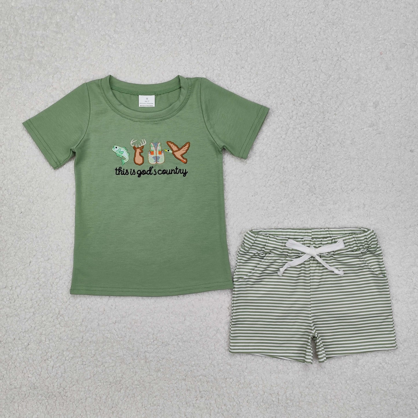 BSSO1108 Dark Green short sleeve top light Green shorts outfit embroidery cartoon pattern Boy Boutique Outfit RTS 202412
