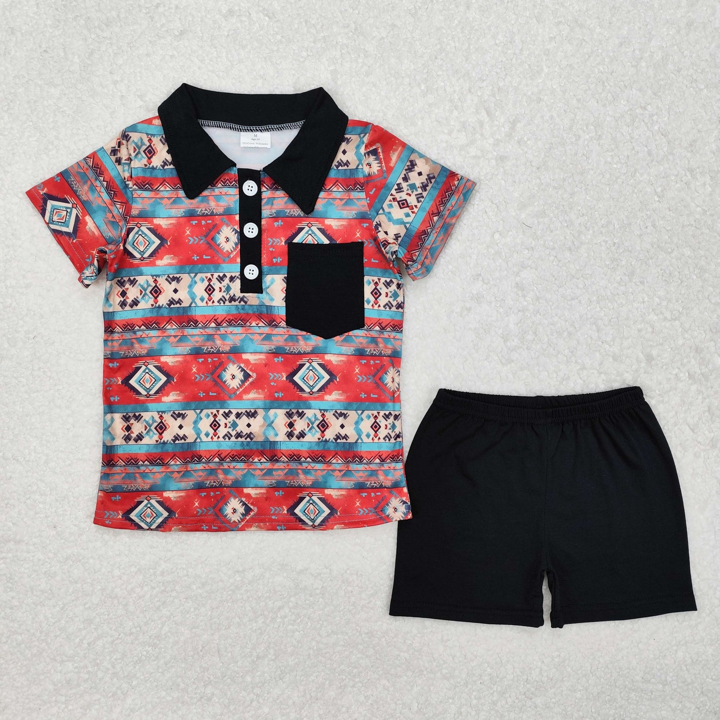 BSSO1140 Red Black Polo Short sleeve top shorts outfit with pocket Boy Boutique Outfit RTS 202412