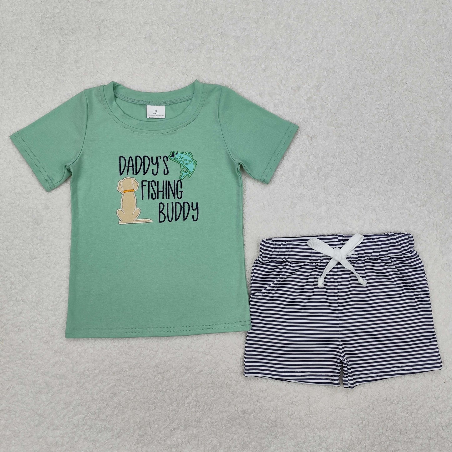 BSSO1147 Embroidered Puppy Daddy fishing green short sleeve top grey striped shorts boy boutique summer outfit 202501