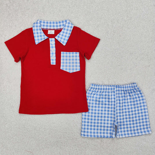 BSSO1152 4th of July Red Blue Plaid Polo Short Sleeve Top Shorts Boys Boutique Sets 202503 RTS