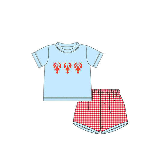 BSSO1161 preorder Blue short sleeve red check pants sets BOYS OUTFITS