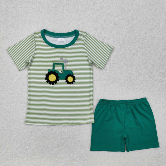 BSSO1184 Embroidery truck Boutique Outfit Green striped short sleeve top plaid shorts Boys boutique outfit 202501