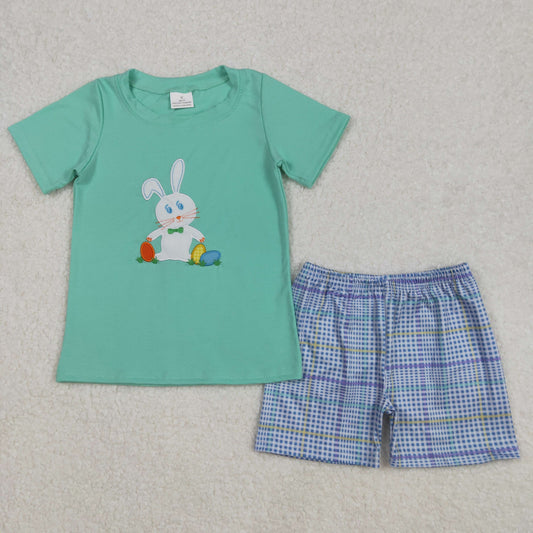 BSSO1185 Embroidered Easter Bunny Green Short Sleeve top Blue Plaid shorts sets Boys boutique outfit 202502 RTS
