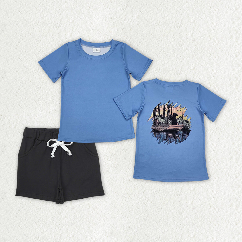 BSSO1201 Puppy Printed BLue Short Sleeve Shirts Black Pants sets summer outfit RTS 202412