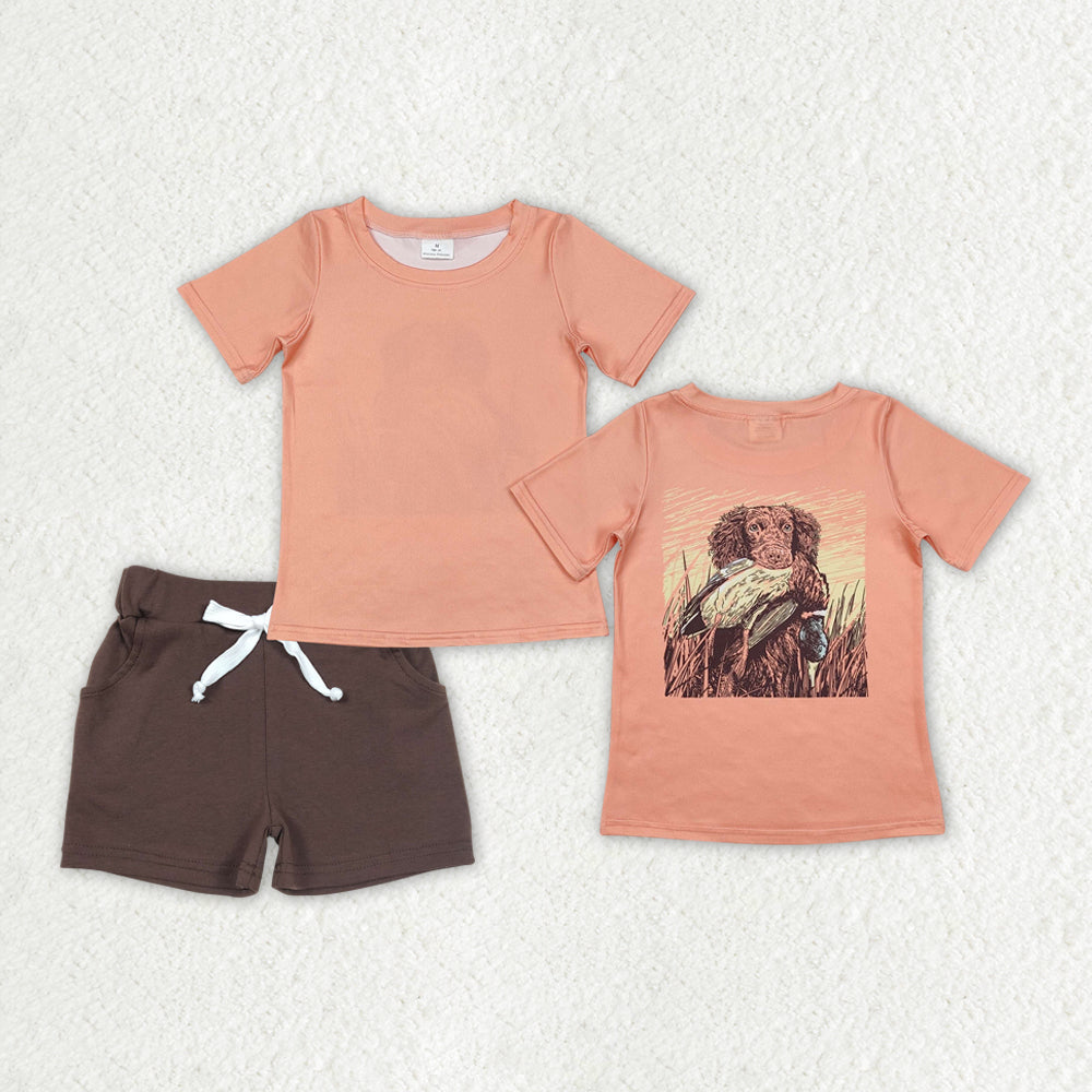 BSSO1202 Puppy Printed Orange Short Sleeve Shirts Brown Pants sets summer outfit RTS 202412