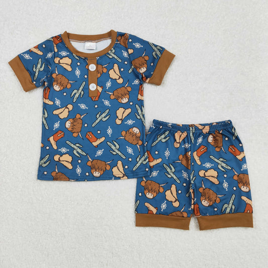 BSSO1232 Brown Blue Cow Cactus Rodeo short sleeve top shorts pajamas set boys Boutique outfit 202503 RTS
