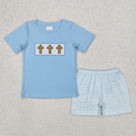 BSSO1234 Easter Outfits Embroidered Cross Blue Short sleeve Top plaid Shorts  Boys boutique sets 202503 RTS