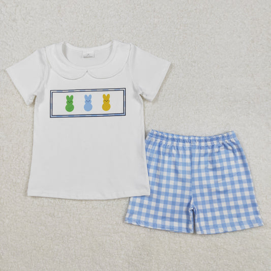 BSSO1243 Easter Bunnies White short sleeve top blue plaid shorts sets Boys boutique outfit 202502 RTS