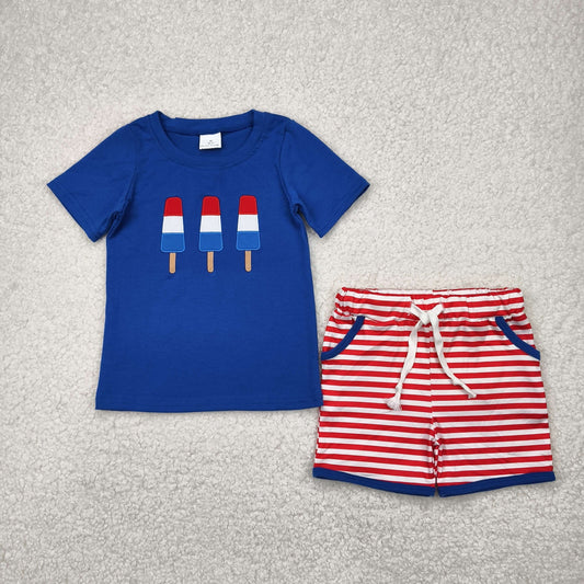 BSSO1250 4th of July Outfit Embroidered Popsicle Blue Red Striped Shorts  Boys Boutique Summer Sets 202504 RTS