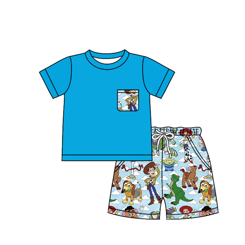 Preorder BSSO1251 Cartoon Bluey Outfit Blue Short sleeve Shorts Boys boutique summer sets 202501