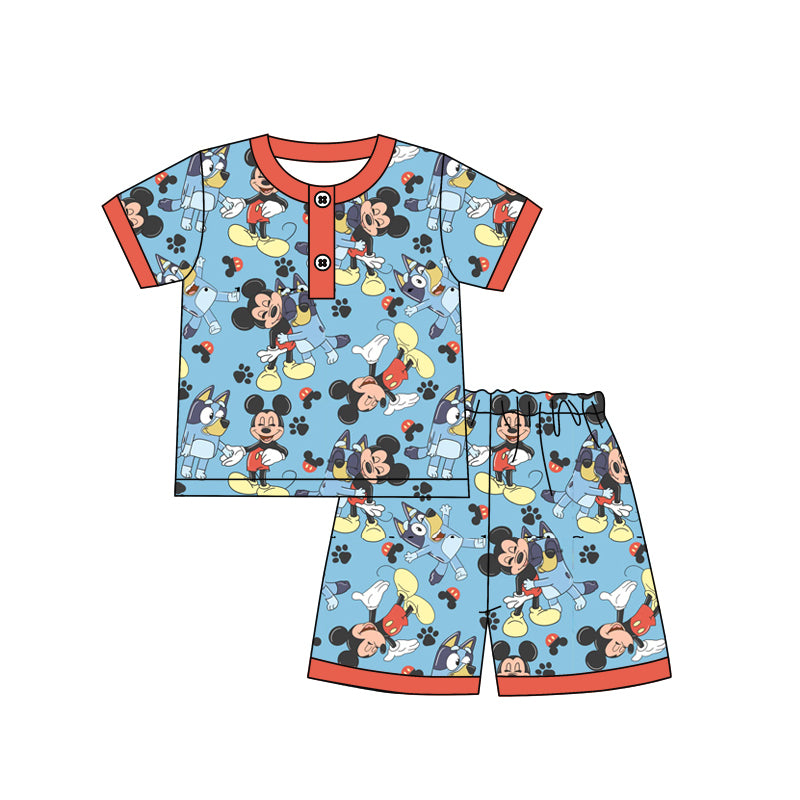 Preorder BSSO1253 Cartoon Mickey Mouse Bluey Outfit Orange Blue Short sleeve Top Shorts Boys boutique summer sets 202501