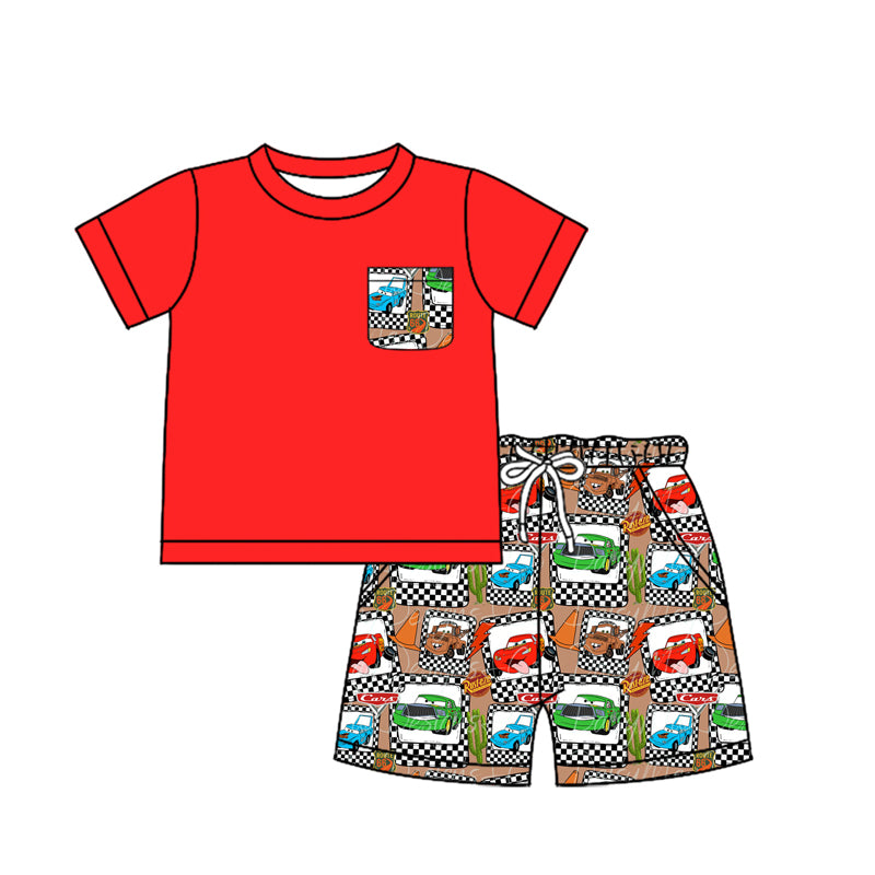 BSSO1256 Red car pattern Short sleeve Top Brown Shorts with pocket Boys boutique summer sets 202503 RTS