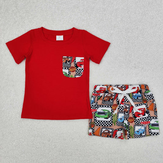 BSSO1256 Red car pattern Short sleeve Top Brown Shorts with pocket Boys boutique summer sets 202503 RTS