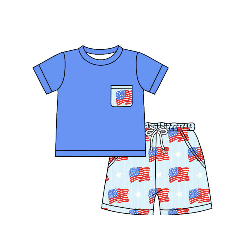 BSSO1258 4th of July Blue Flag Pocket short sleeve top shorts set Boys boutique outfit 202503 RTS