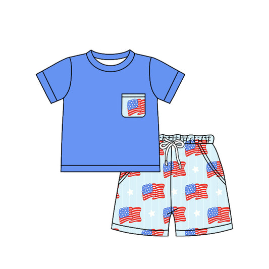 BSSO1258 4th of July Blue Flag Pocket short sleeve top shorts set Boys boutique outfit 202503 RTS