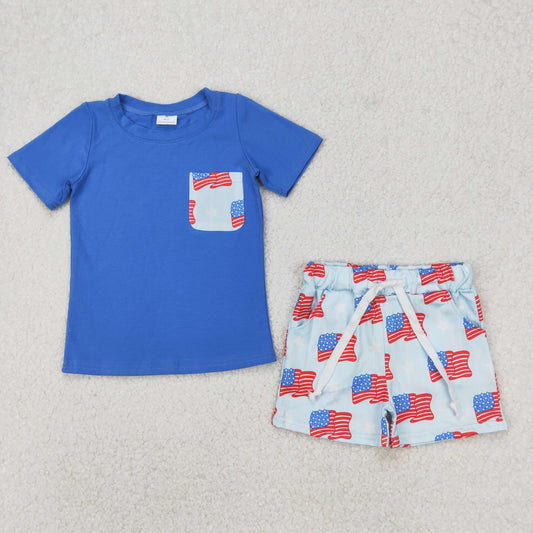 BSSO1258 4th of July Blue Flag Pocket short sleeve top shorts set Boys boutique outfit 202503 RTS