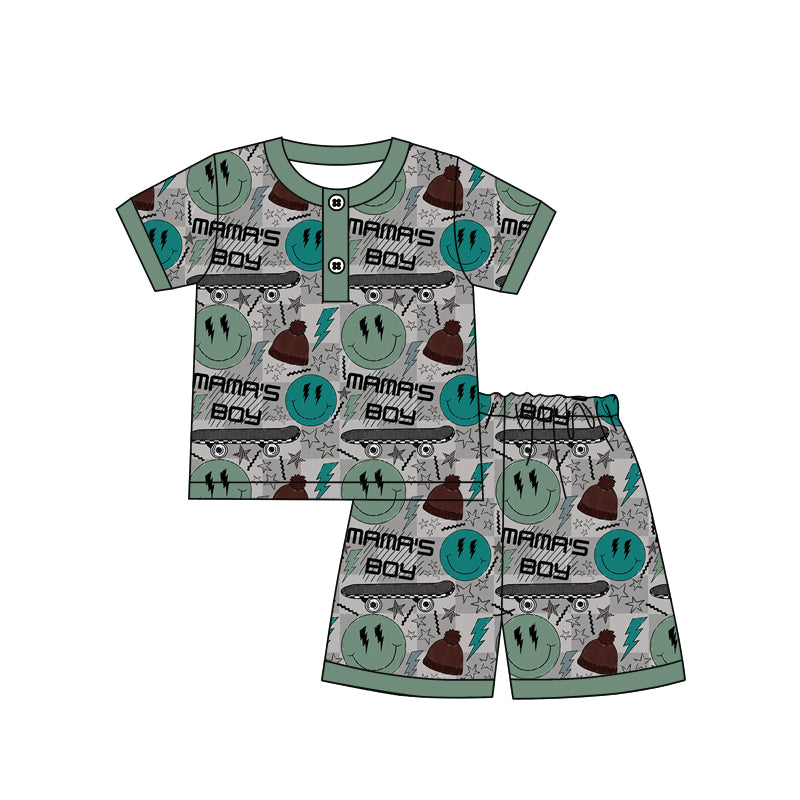 Preorder BSSO1261 MAMA'S Boy Dark Green Smile Lightning short sleeve top shorts Summer clothes Baby Boys boutique outfit 202501