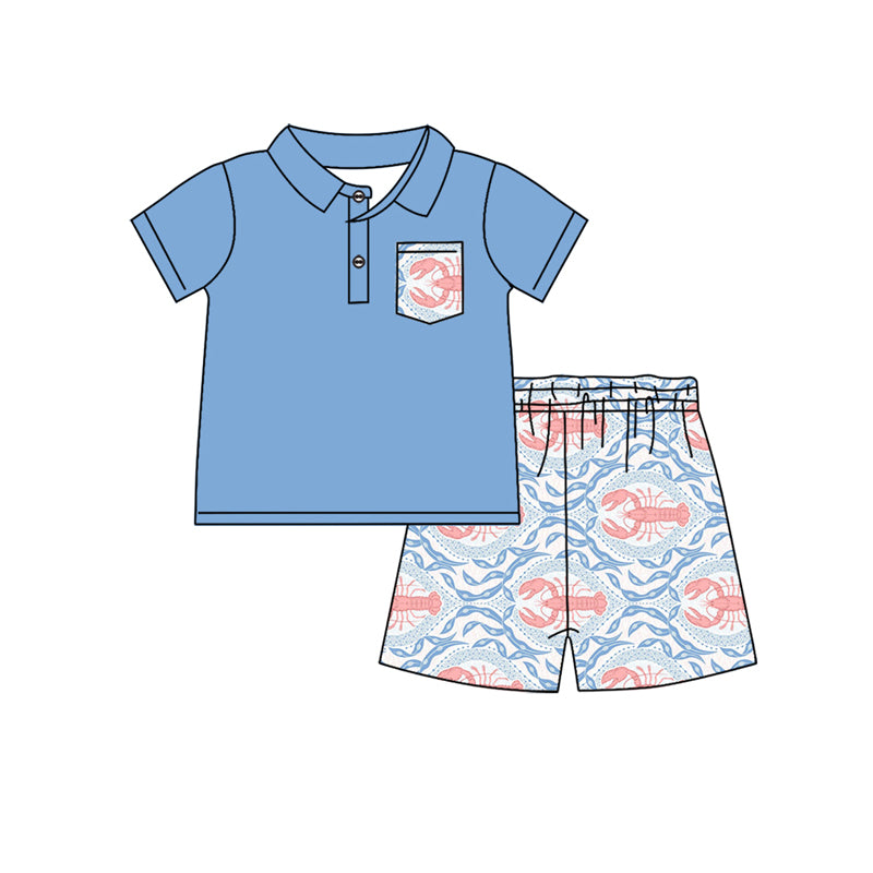 preorder BSSO1265 Crawfish Blue Polo Short Sleeve Shorts Sets Boys Boutique Outfits 20250104