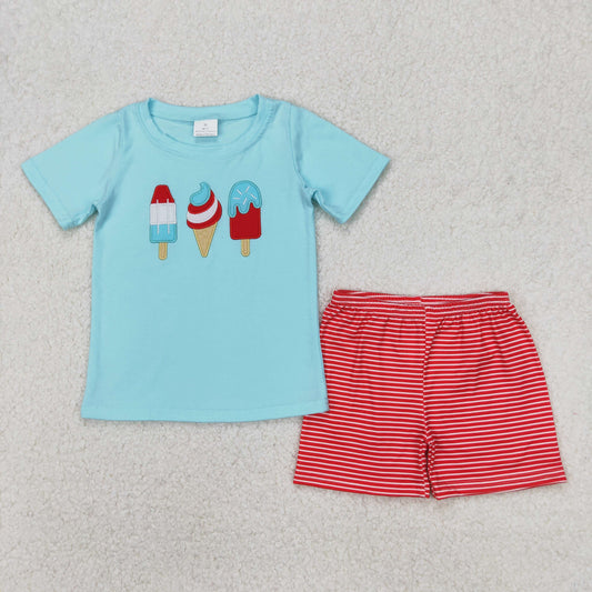 BSSO1269 4th of July Embroidered Ice Cream Striped Blue Red Short Sleeve Top Shorts Sets Boutique Boys Outfits 202503 RTS