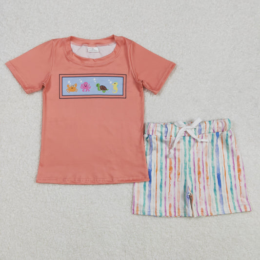 BSSO1278 Crab octopus turtle Seahorse Orange Short Sleeve top striped shorts sets Boys boutique outfit 202502 RTS