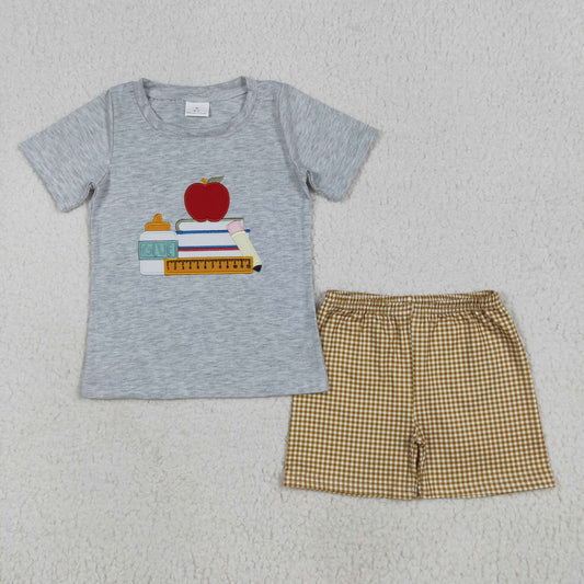 BSSO1281 back to school embroidered pencil apple gray short sleeve brown plaid shorts boys Summer clothes 202506 RTS