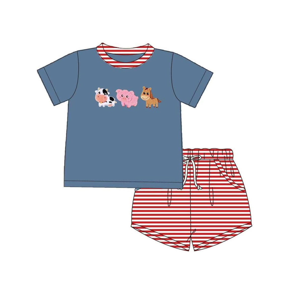 BSSO1295 Embroidered Farm Animals Navy Blue Short Sleeve Top Red Striped Shorts Set Boutique Boys Outfits 202503 RTS
