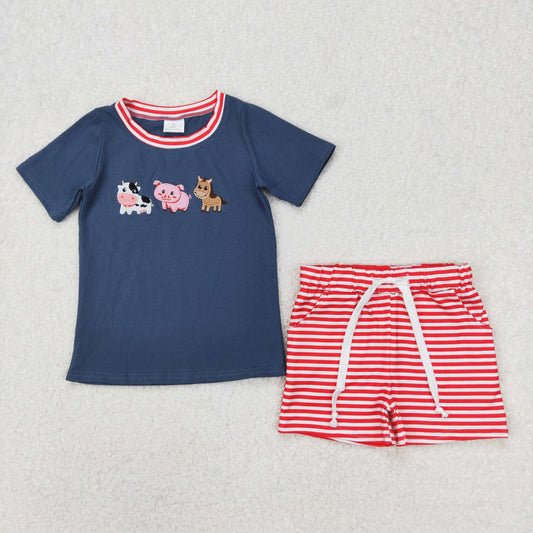 BSSO1295 Embroidered Farm Animals Navy Blue Short Sleeve Top Red Striped Shorts Set Boutique Boys Outfits 202503 RTS