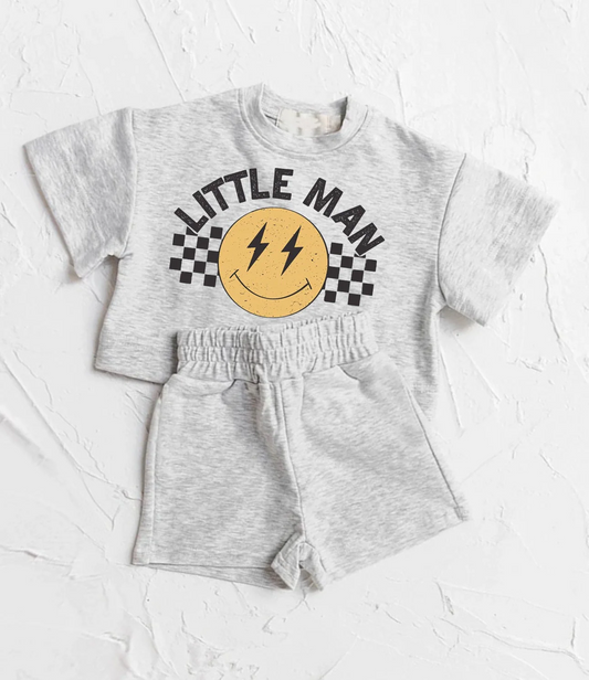 BSSO1303 Offset print little man letter smile face lightning short sleeve top shorts set boutique boys outfits 202503 RTS