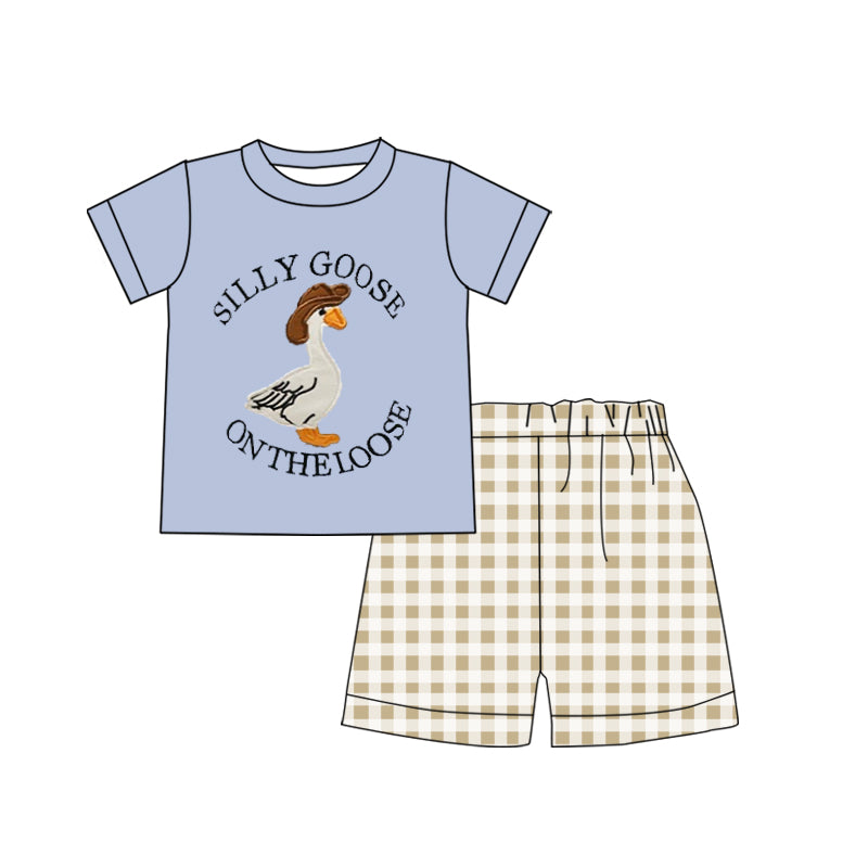 BSSO1305 Silly Goose On The loose Blue Letter Short Sleeve Top Beige Plaid Shorts Set Boys Boutique Outfit 202503 RTS