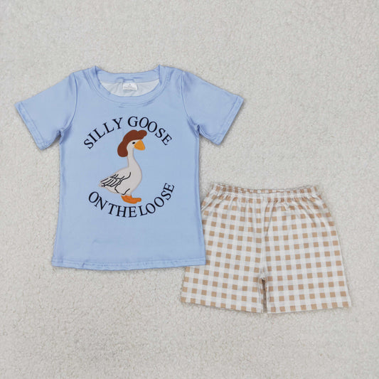 BSSO1305 Silly Goose On The loose Blue Letter Short Sleeve Top Beige Plaid Shorts Set Boys Boutique Outfit 202503 RTS