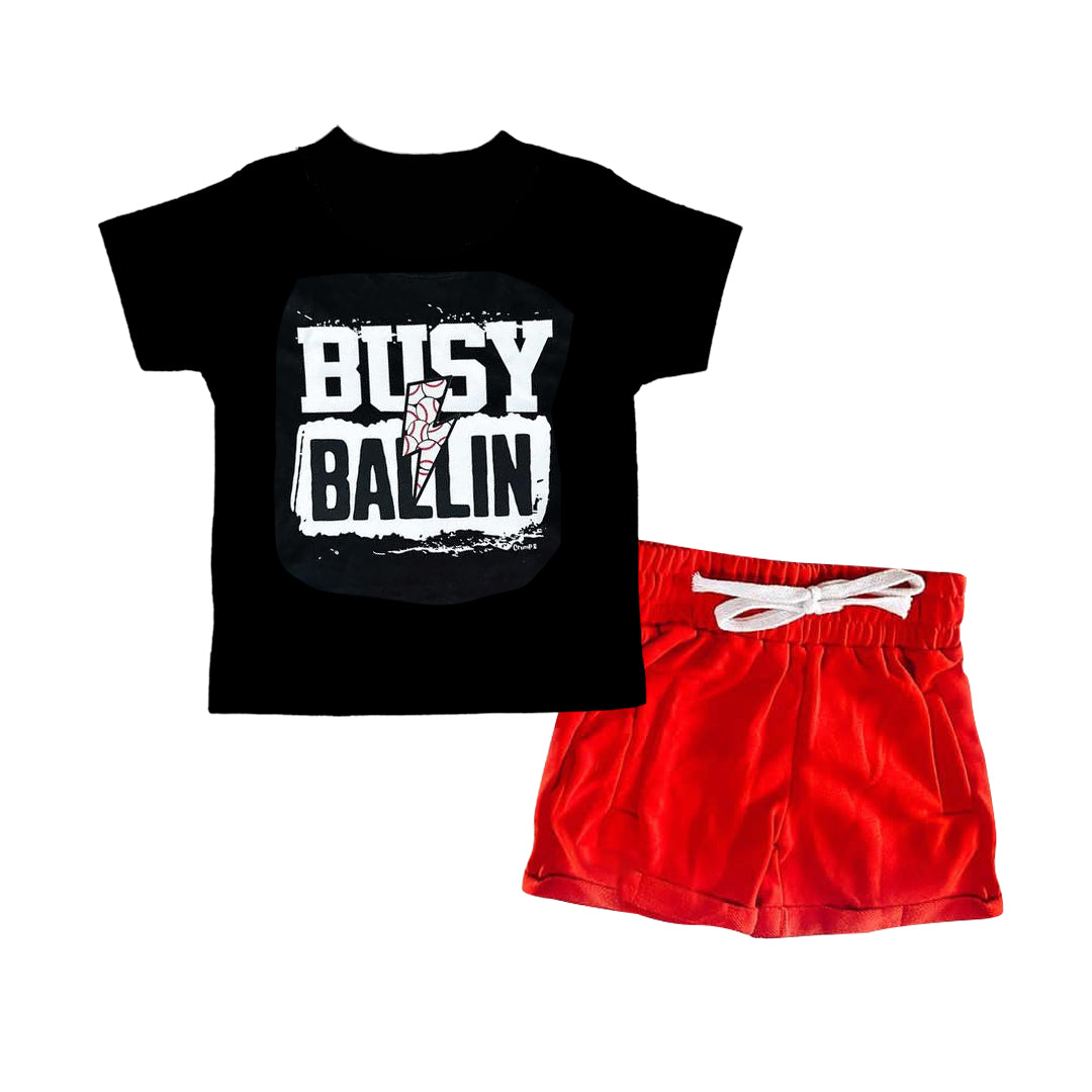 BSSO1318 Black busy ball short sleeve top red shorts set boys Boutique Summer clothes 202503 RTS