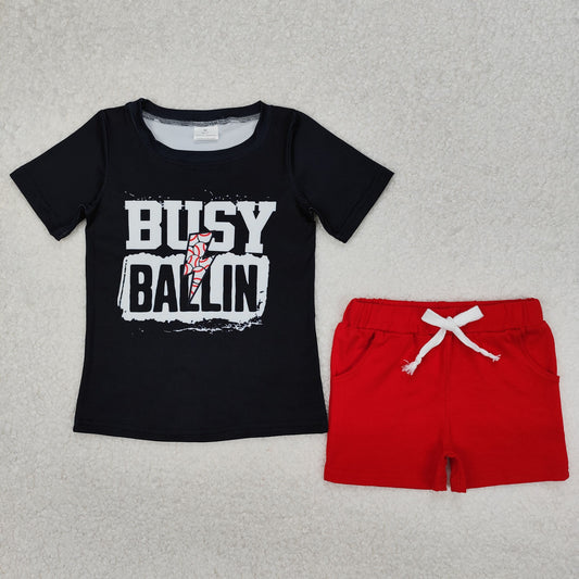 BSSO1318 Black busy ball short sleeve top red shorts set boys Boutique Summer clothes 202503 RTS