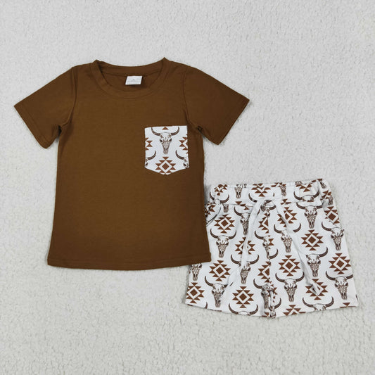 BSSO1319 Brown Cattle Cowboy Short Sleeve Top Shorts Sets Boys Boutique Outfit 202505 RTS