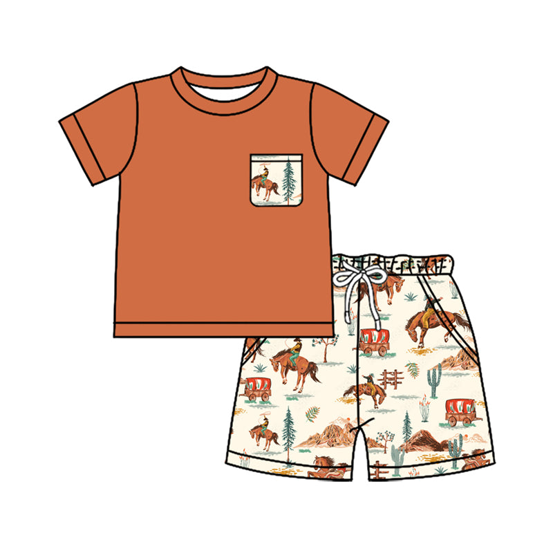 preorder BSSO1320 Western Rodeo Orange Horse Short Sleeve Top Shorts Sets Boys Boutique Outfit 202503