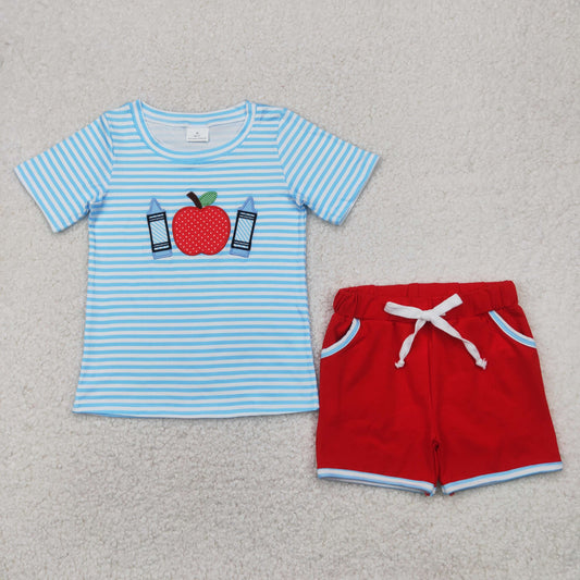 BSSO1328 Back to School Boys clothes embroidered pencil apple blue stripe short sleeve top shorts set Boutique Summer clothes 202504 RTS