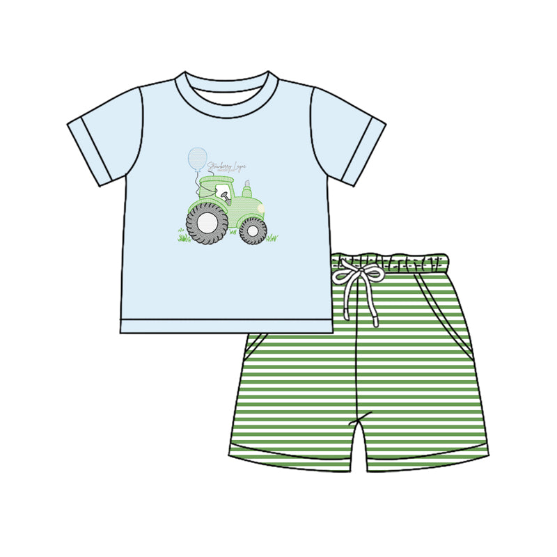 Preorder BSSO1330 School Boys clothes tractor light blue short sleeve top shorts set Boutique Summer clothes 202502 RTS