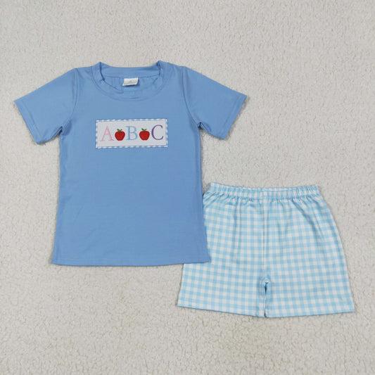 BSSO1331 Back to School Boys clothes embroidered apple letter blue short sleeve top shorts set Boutique Summer clothes 202506 RTS