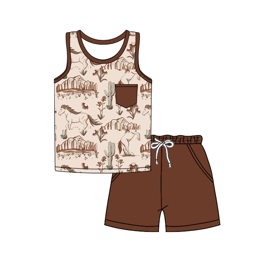 preorder BSSO1341 western rodeo fashion brown sleeveless top shorts set boys Boutique Summer clothes 202502