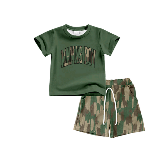 preorder BSSO1353 Green Letter camo stained short sleeve top shorts set boys Boutique Summer outfit 202502