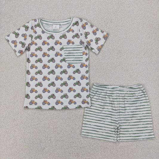 BSSO1354 Light green striped pocket cars short sleeve top shorts set boys Boutique Summer outfit 202504 RTS