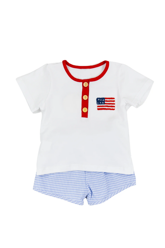 preorder BSSO1359 Red Blue White flag short sleeve top shorts set USA National day boys Boutique Summer outfit 202502